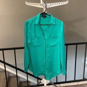 Teal sheer draping button up blouse
